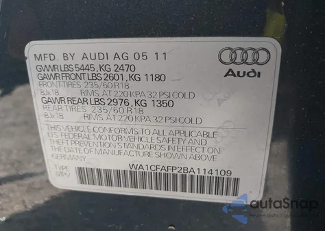 2011 Audi Q5 2.0T Premium z USA, uszkodzony, nr VIN WA1CFAFP2BA114109